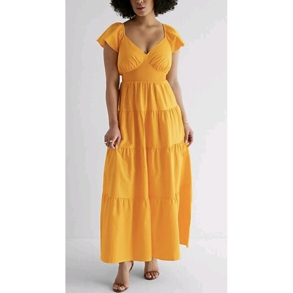 NWT Express Yellow V-Neck Flutter Sleeve Tiered Poplin Maxi Dress Size L Boho